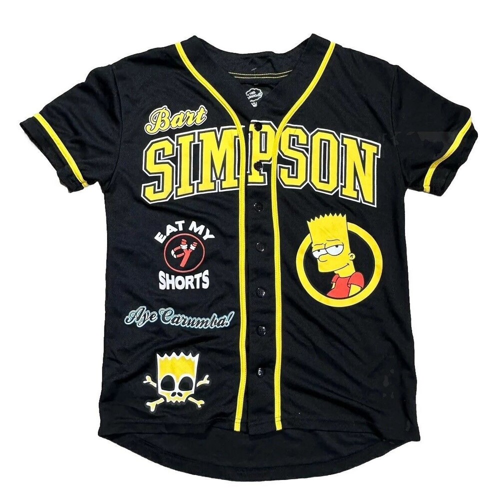 Bart Simpson Black & Gold Baseball Front Back Graphic Jersey #89 Mens Small New
